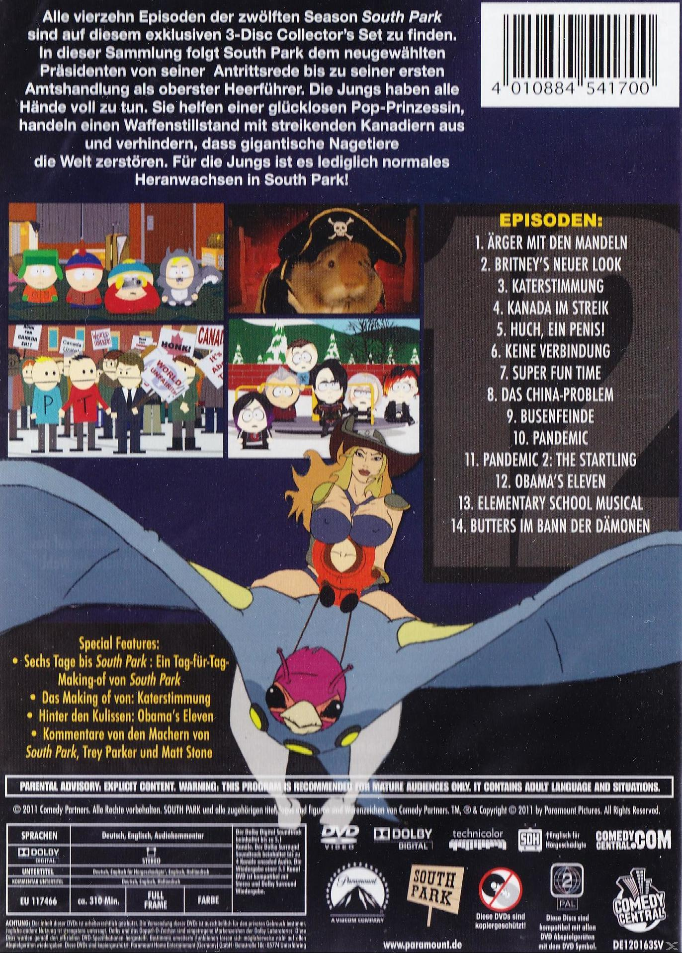 DVD-Rückseite von South Park. Zeigt Zeichentrickfiguren und Episodenliste. Text auf Englisch.
