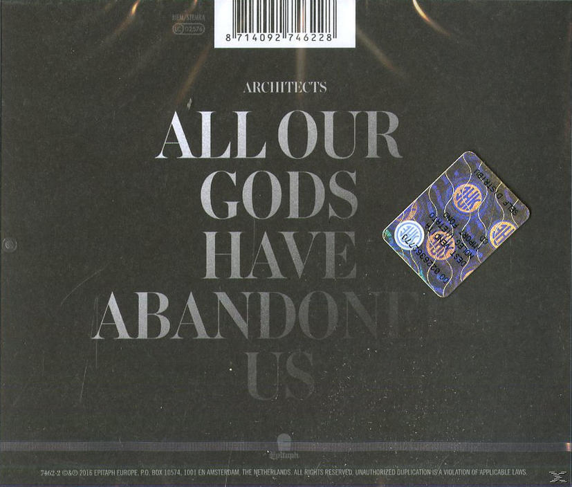 Albumcover von Architects: 'All Our Gods Have Abandoned Us'. Schwarzer Hintergrund mit weißem Text und Logo.