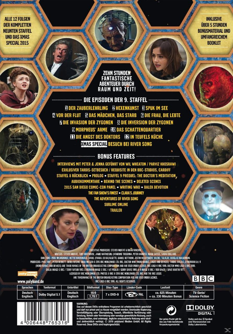 DVD-Hülle hinten mit Bildern von Doctor Who-Charakteren, Episodenliste und Credits.