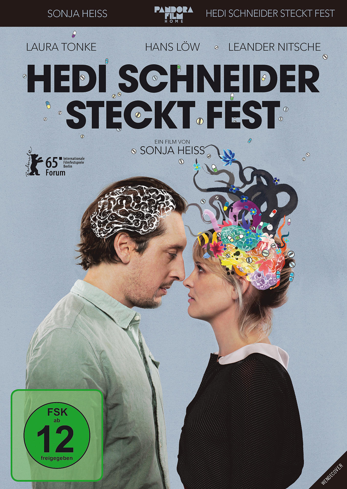 Filmcover, Hedi Schneider steckt fest. Zwei Personen stehen sich gegenüber, farbenfrohe Gehirnkunst.