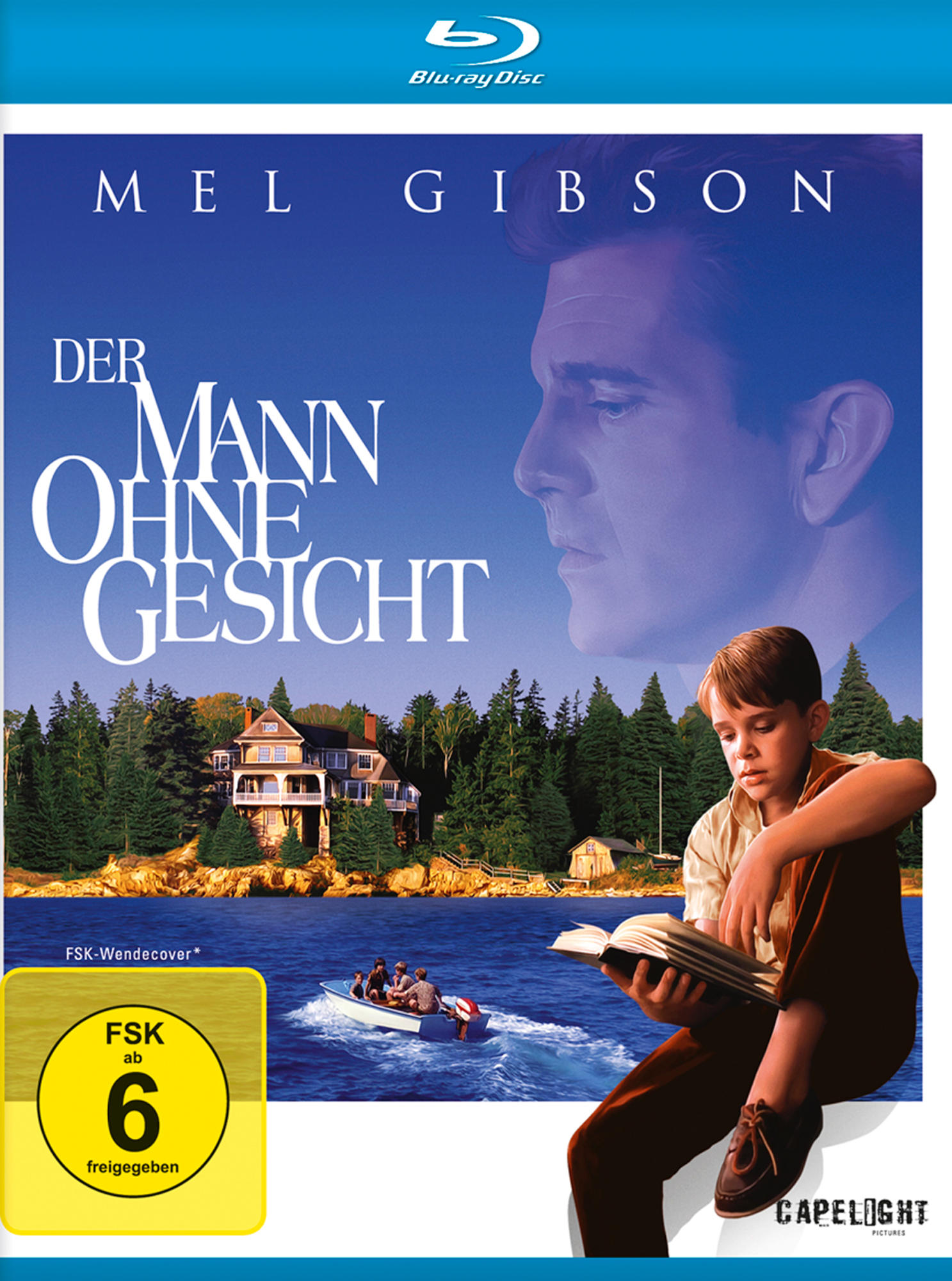 Blu-ray-Filmcover: Mel Gibson in einer blau getönten Szene mit einem Jungen, der ein Buch liest.