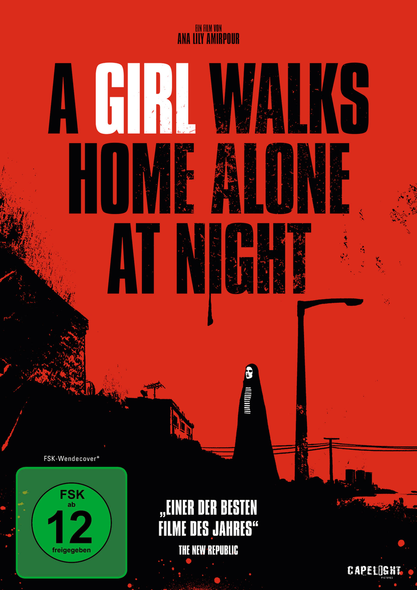 Filmposter: A Girl Walks Home Alone at Night. Roter Hintergrund, Silhouette.