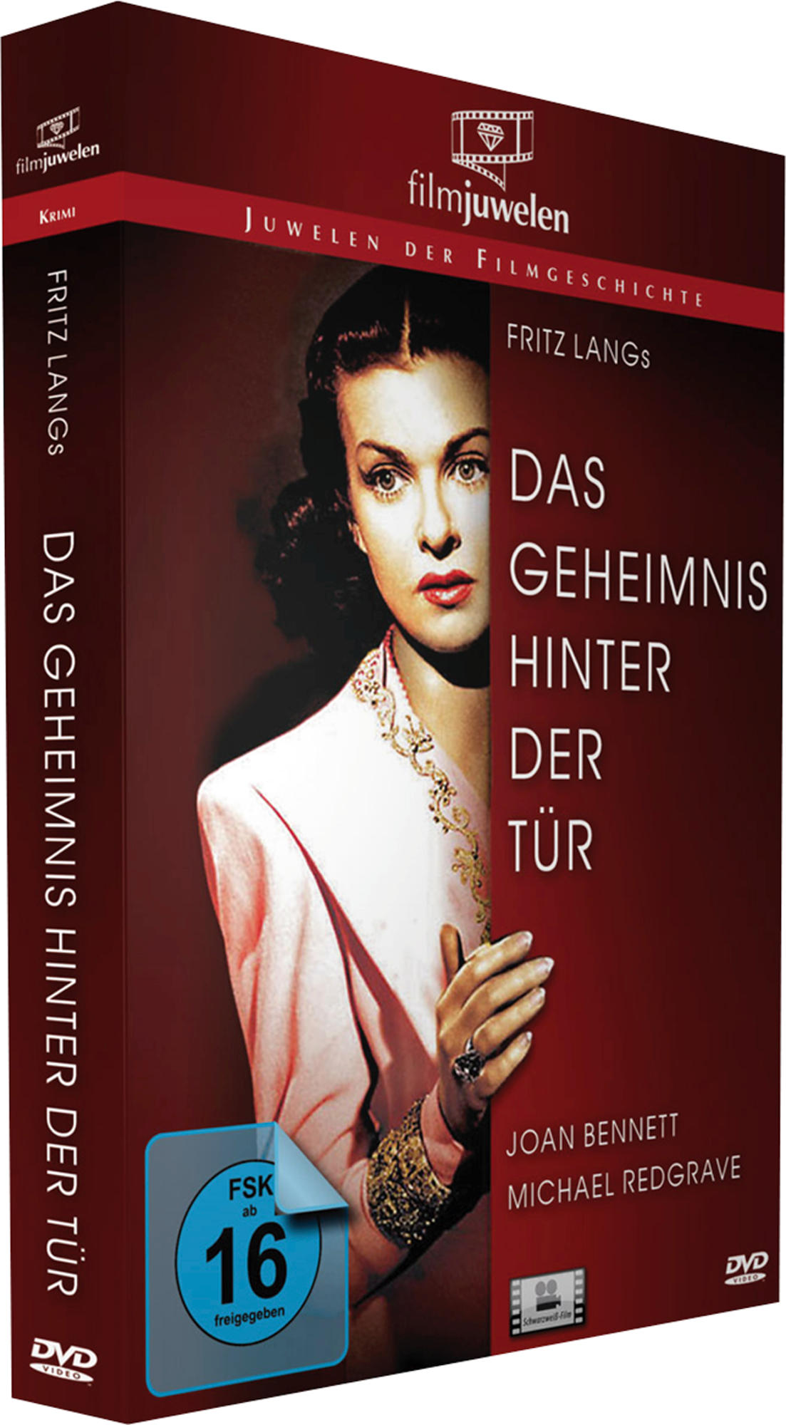 DVD-Cover: Film Das Geheimnis Hinter Der Tür, Frau mit rotem Kleid und Filmbox.