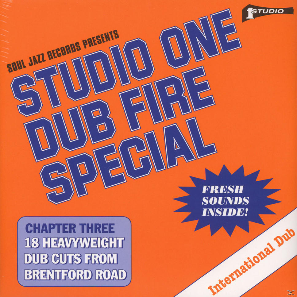 Orangefarbenes CD-Cover mit den Worten 'Studio One Dub Fire Special' in Blau und Weiß. Anderer Text: Chapter Three.