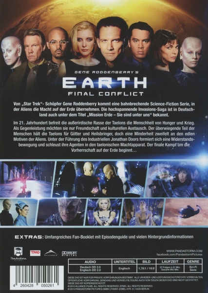 DVD-Cover von Earth: Final Conflict, mehrere Gesichter, Text, blaue und schwarze Farben.
