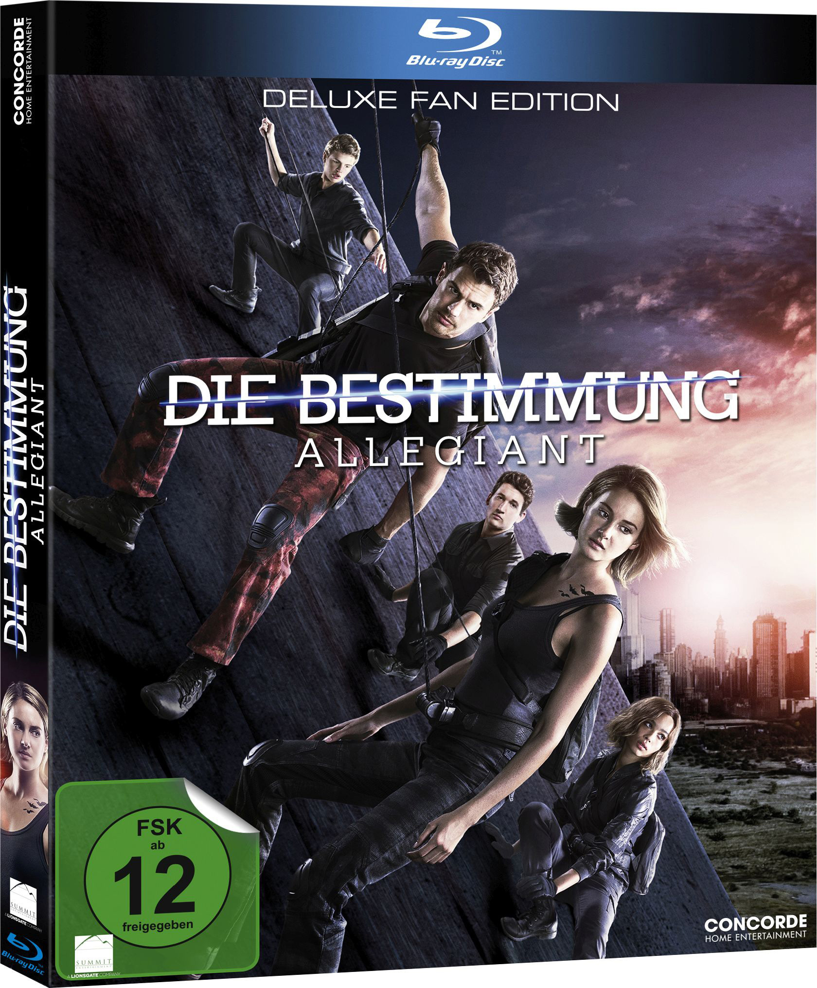Filmcover: 'Allegiant' mit Schauspielern auf einer Felswand. Enthält ein Blu-ray Disc-Logo und Text.