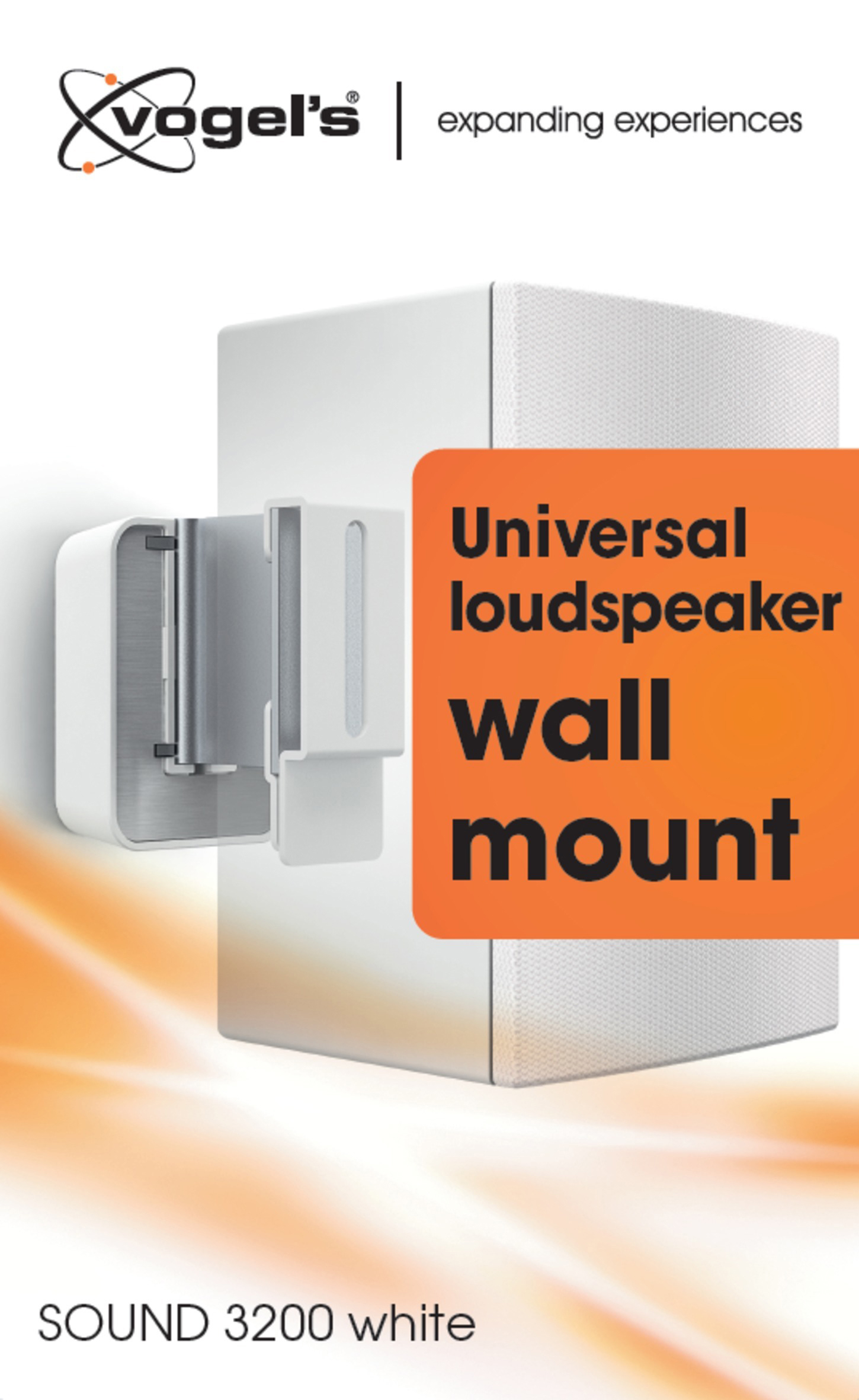 Weiße Lautsprecher-Wandhalterung mit orangefarbenem Text: Universal-Lautsprecher-Wandhalterung.