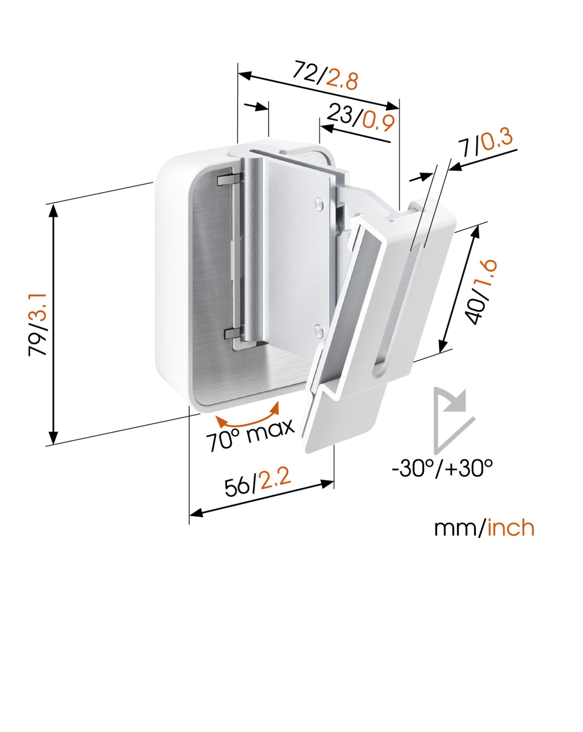 Weißes Kunststoffgerät mit Messungen in mm/Zoll. Es hat einen schwenkbaren Arm und eine rechteckige Basis.