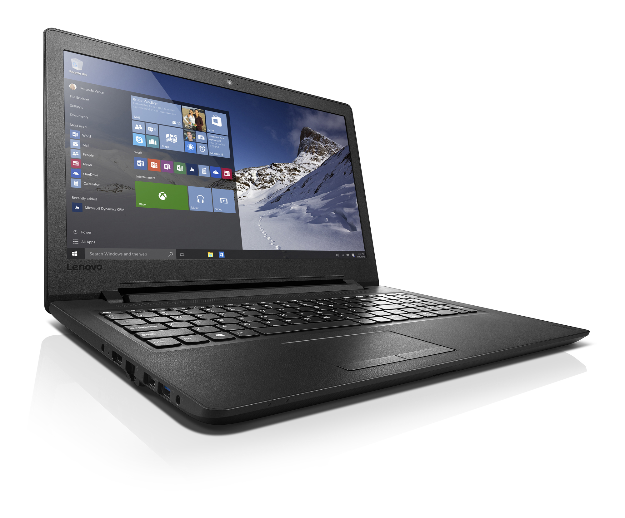 Schwarzer Lenovo Laptop, offen, nach rechts abgewinkelt. Zeigt die Windows-Oberfläche, weißer Hintergrund.