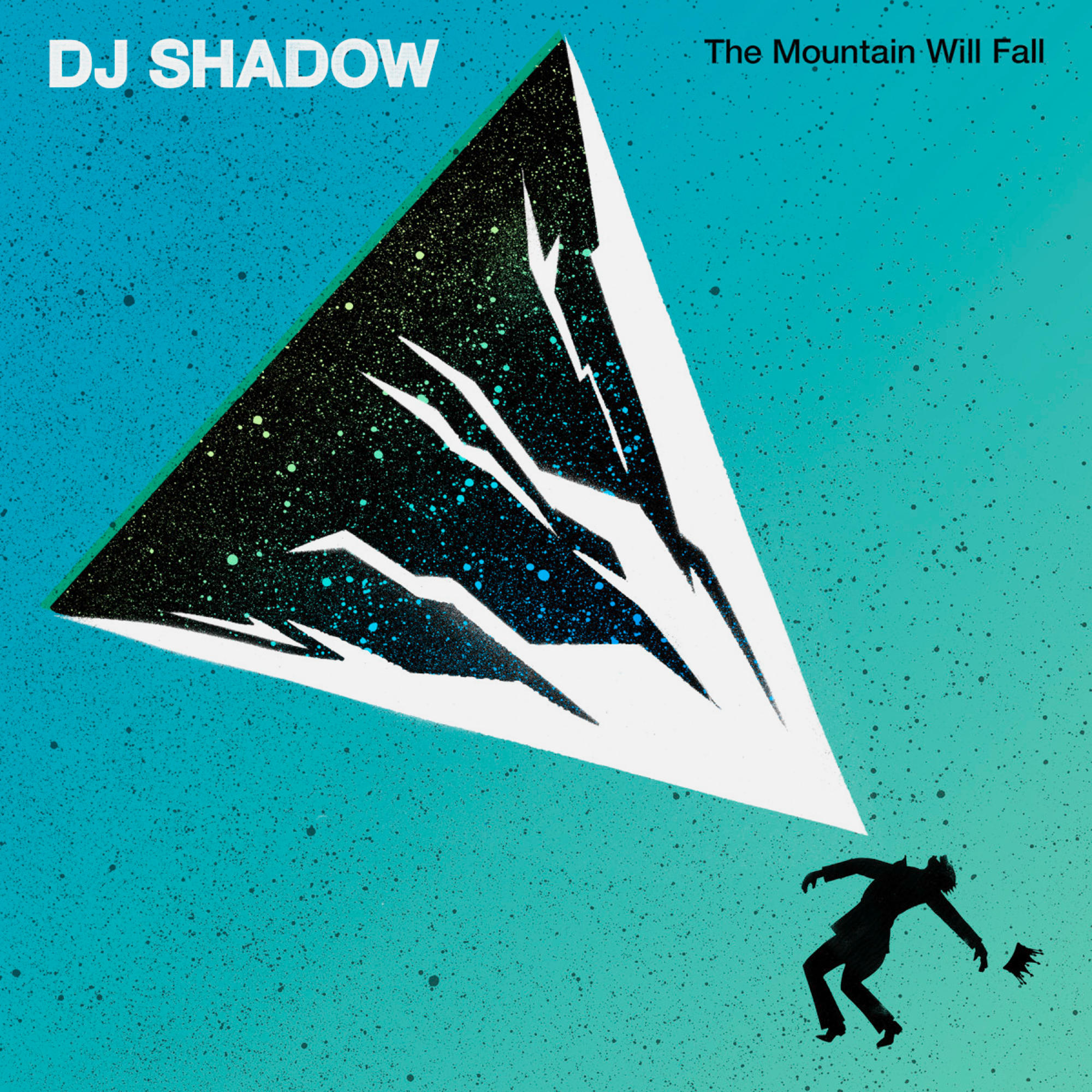Albumhoes voor DJ Shadow's "The Mountain Will Fall." Abstracte kunst met een driehoek en een silhouetfiguur.