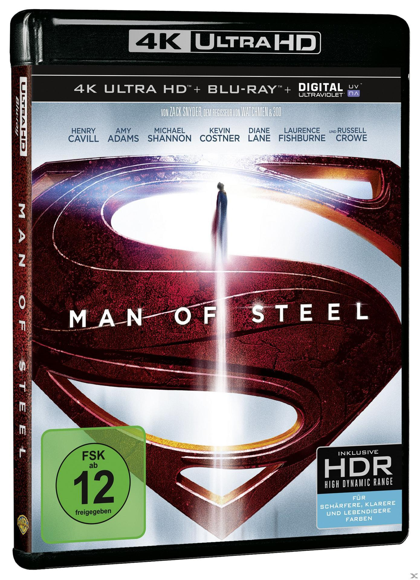 Blu-ray-Cover für 'Man of Steel' mit Superman in rotem und blauem Anzug vor einem Logo.