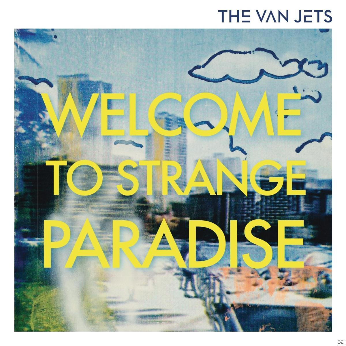 Albumhoes. Gele tekst: Welcome to Strange Paradise, over een vage stad. Bandnaam: The Van Jets, bovenaan.