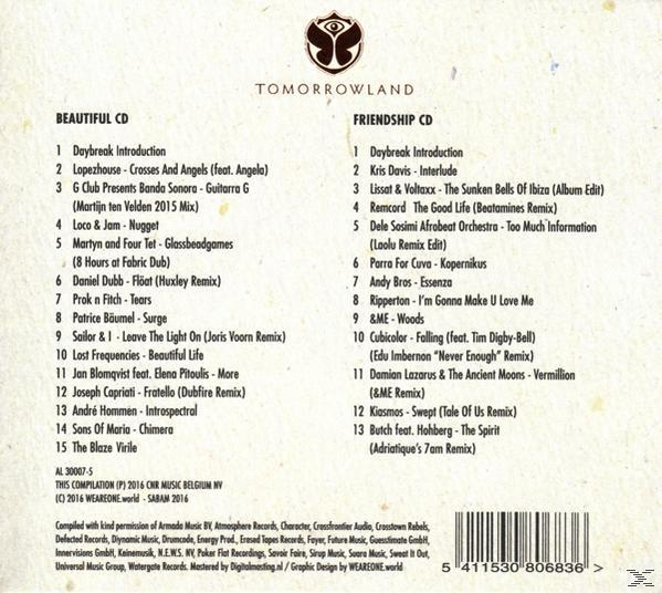 CD-hoes met Tomorrowland-logo, tracklists voor Beautiful en Friendship cd's, met artiesten en titels.