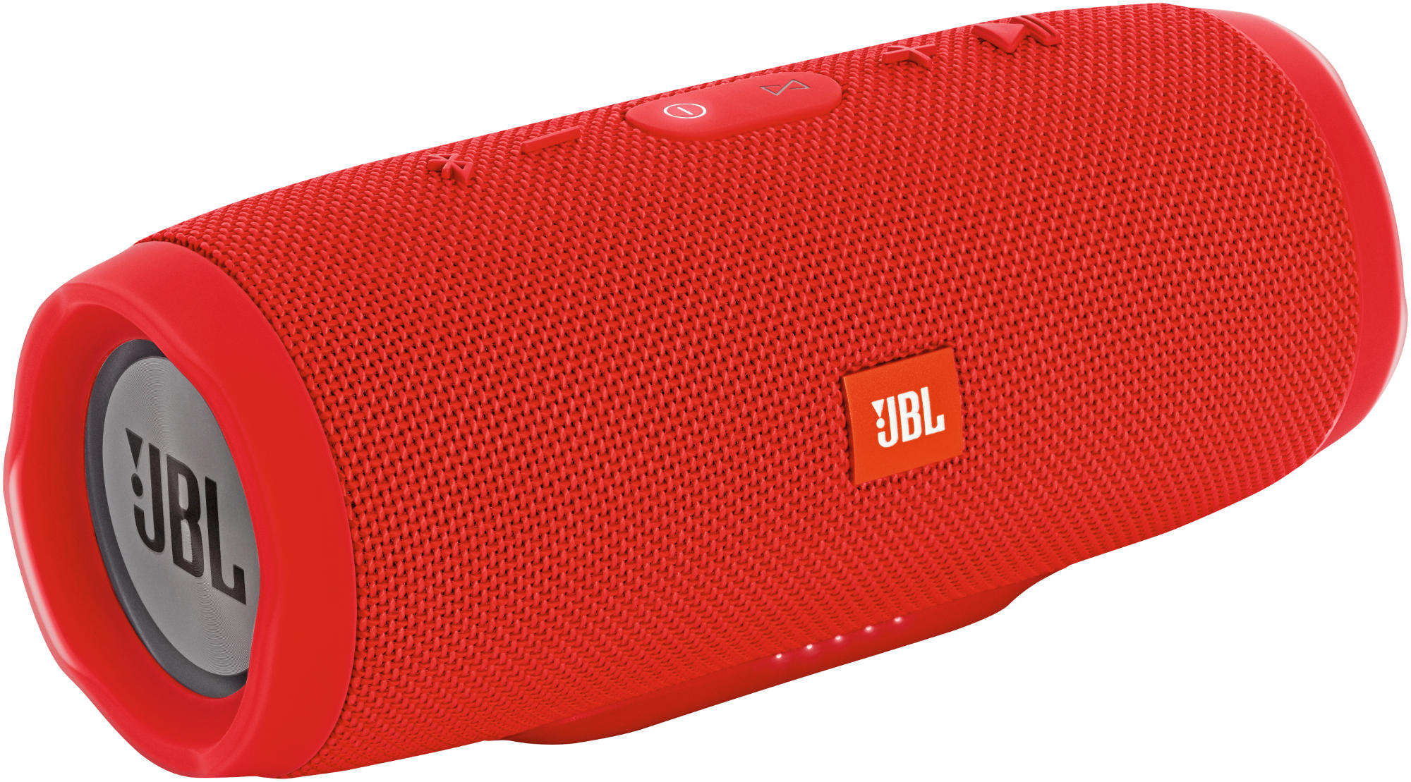 Ein roter JBL-Lautsprecher. Er hat eine zylindrische Form mit Tasten oben und dem JBL-Logo an der Seite. Der Lautsprecher ist auf Weiß isoliert.