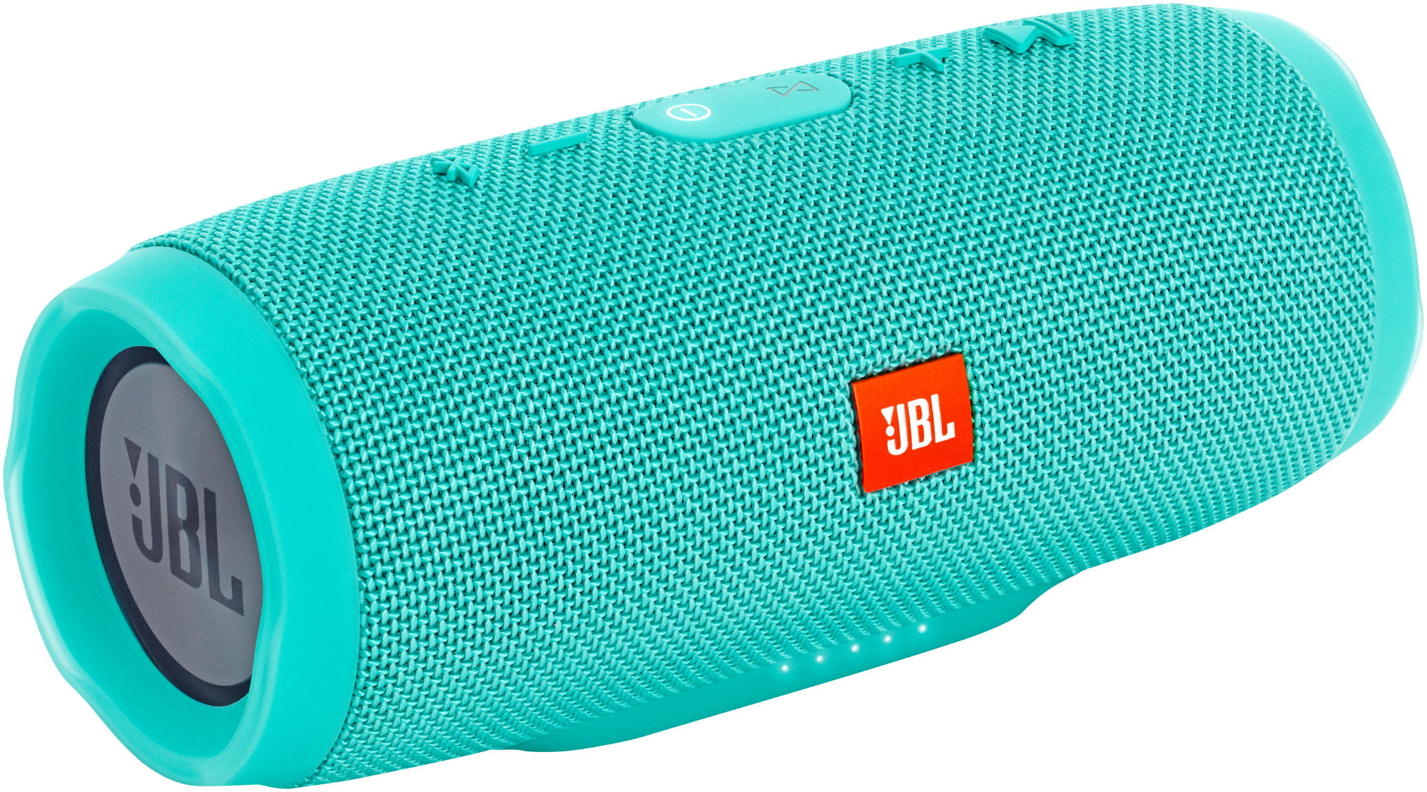 Türkisfarbener JBL Charge 3 Lautsprecher mit weißem JBL-Logo und Tasten oben.