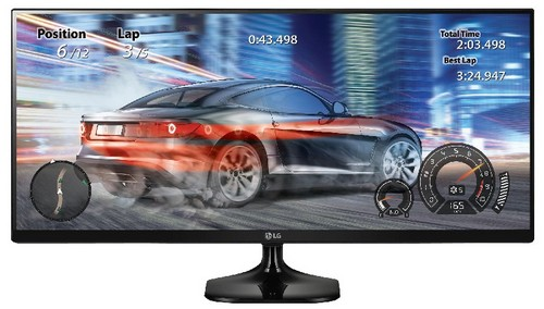 Monitor de computadora LG que muestra un juego de carreras de autos. Pista de carreras, medidores de velocidad y auto.