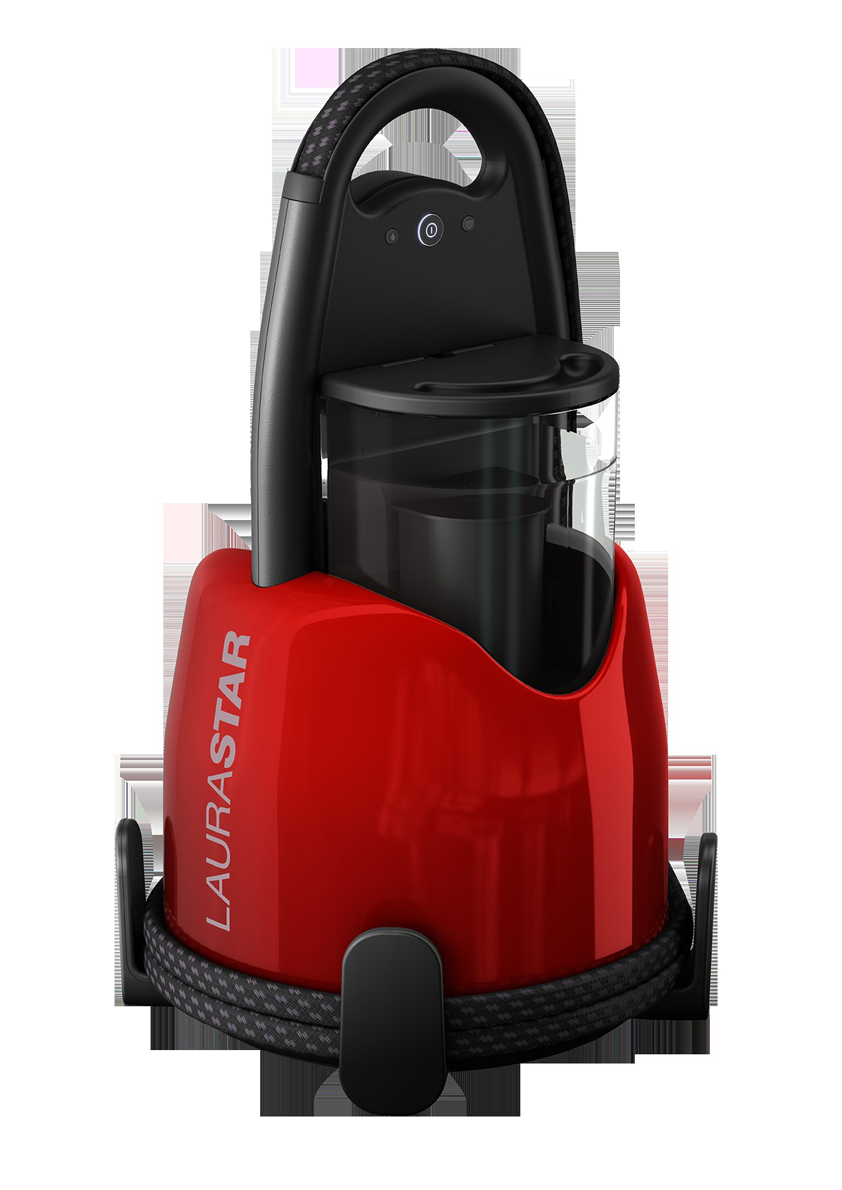 Roter und schwarzer Dampfreiniger mit Griff, Schlauch und schwarzem Sockel. Der Markenname LAURASTAR ist sichtbar.