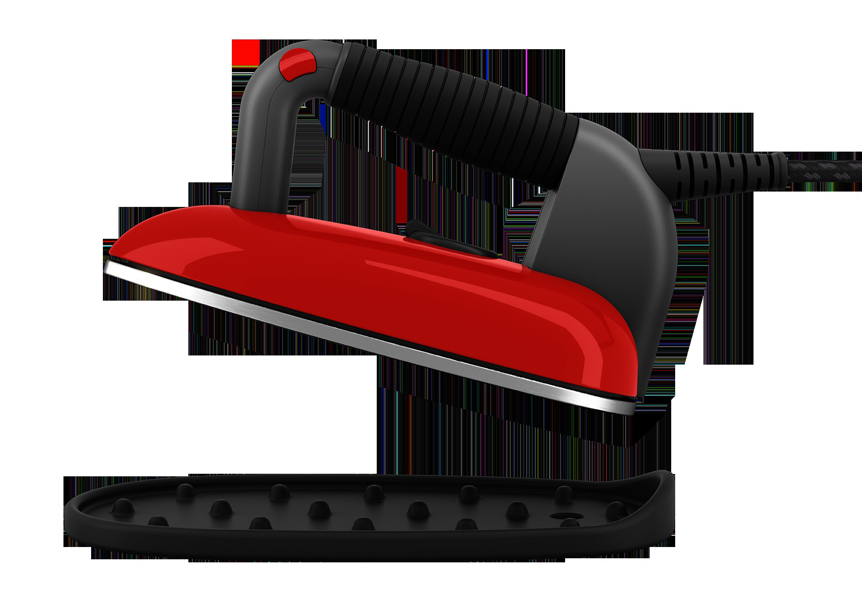 Rotes und schwarzes Bügeleisen mit schwarzem Ständer. Bügeleisen auf weißem Hintergrund.