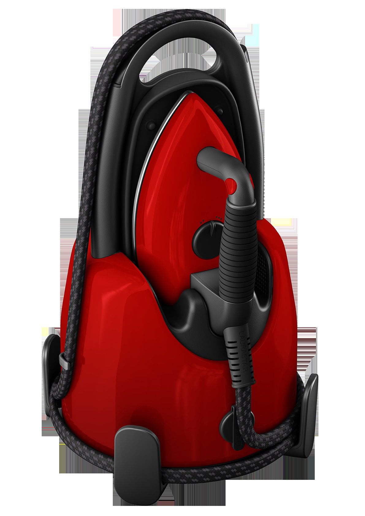 Rotes und schwarzes Bügeleisen und seine Basis, mit einem schwarzen Kabel umwickelt. Weißer Hintergrund.