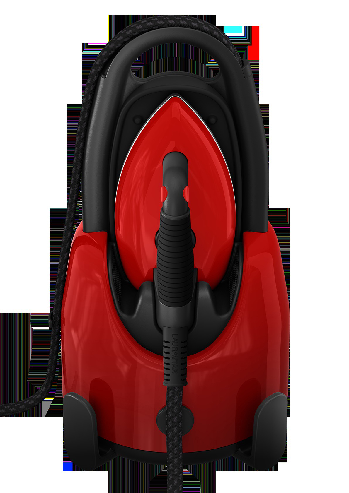 Rotes und schwarzes Dampfbügeleisen vor weißem Hintergrund. Es hat einen schwarzen Griff und ein Kabel.