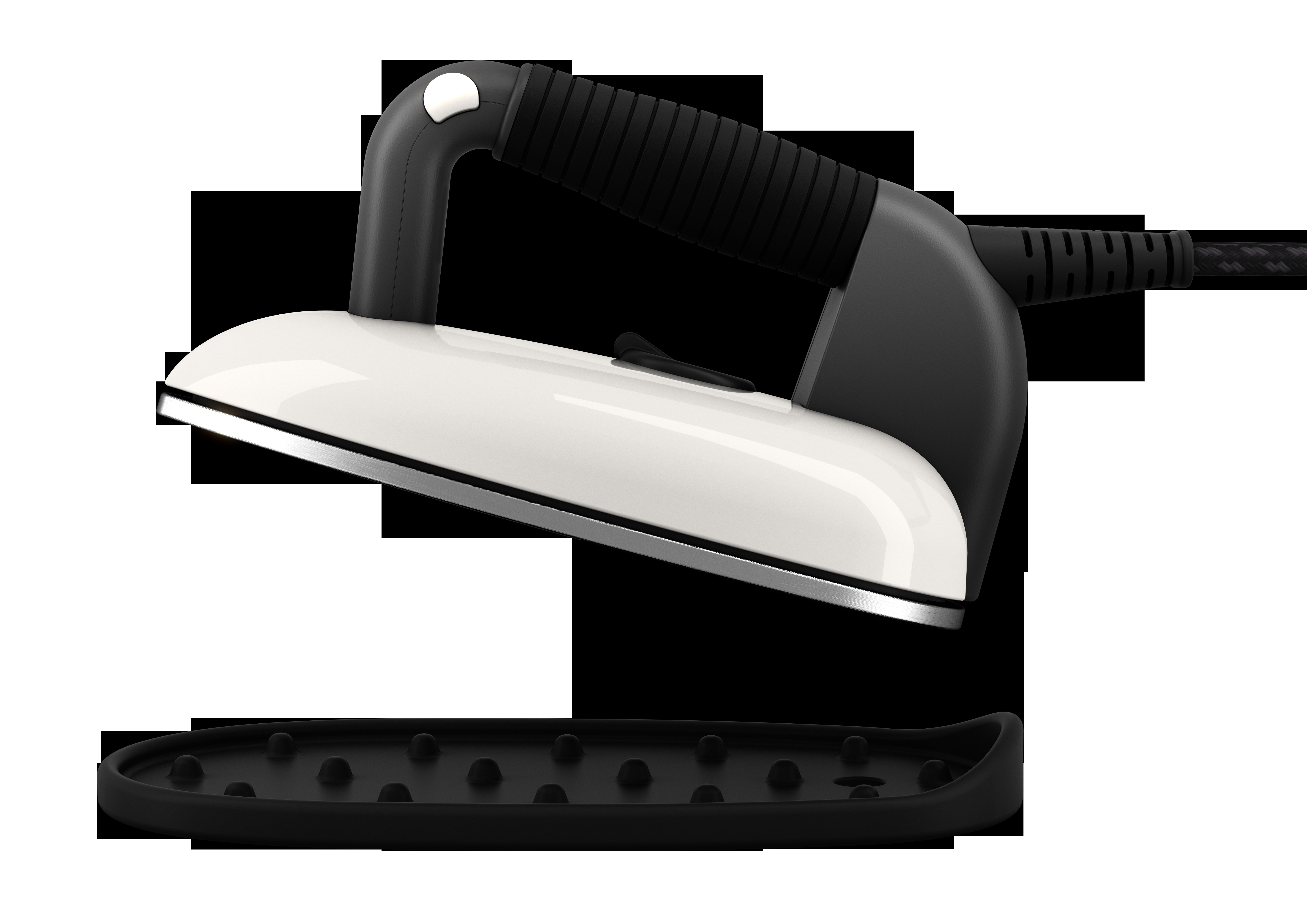 Weißes und schwarzes Bügeleisen. Schwarzer Griff und ein schwarzer Ständer. Weiße Basis und ein schwarzes Kabel.