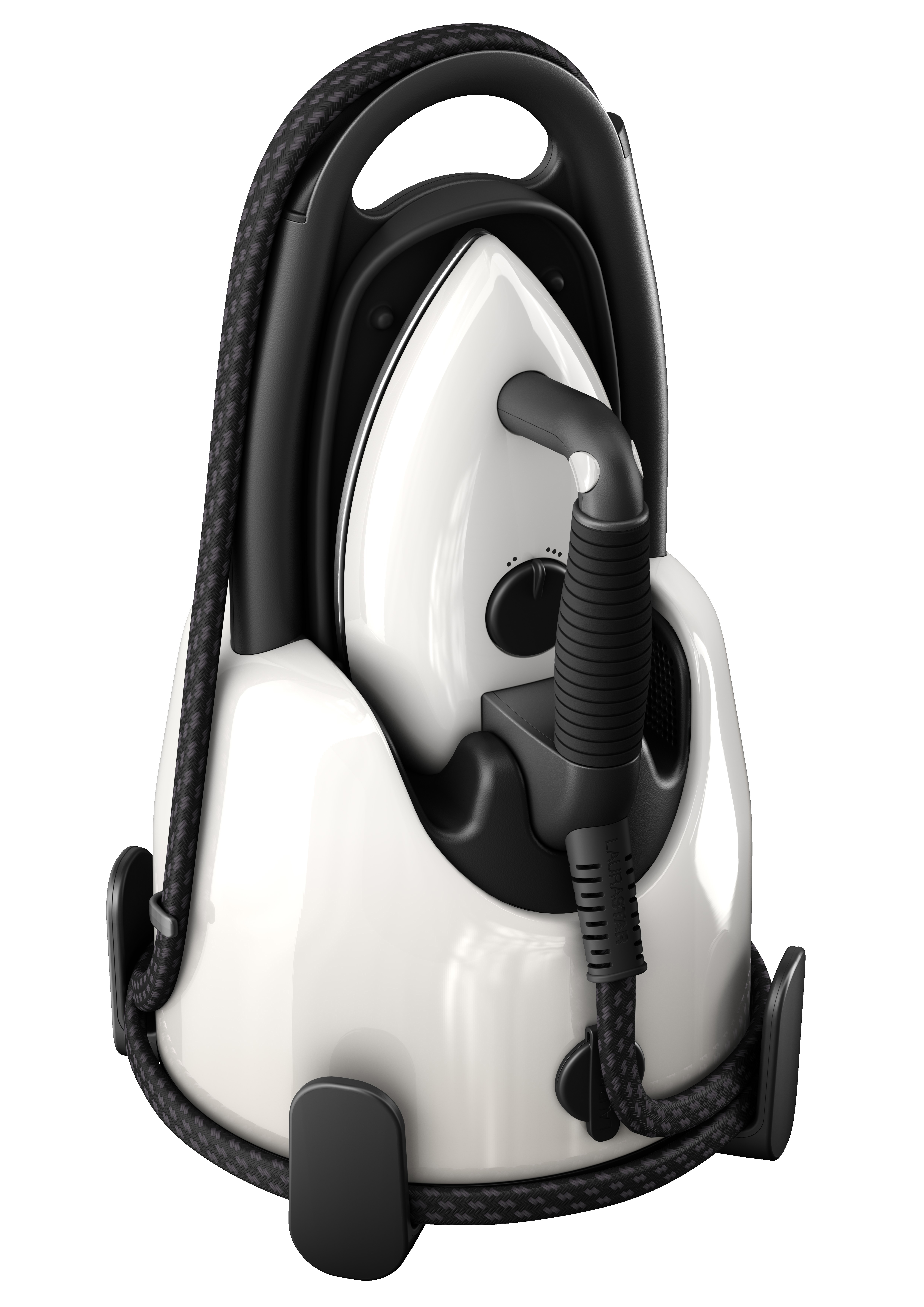 Ein weißes und schwarzes Dampfbügeleisen und seine Basis. Das Bügeleisen befindet sich in seinem Halter. Weißer Hintergrund.