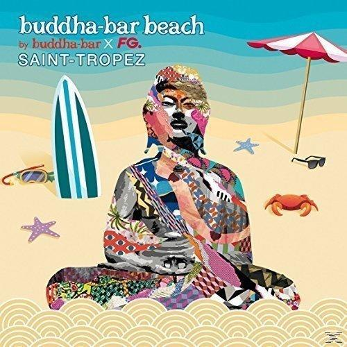 Buddha Bar Beach CD-Cover, mit einer Buddha-Illustration, Strandelementen und Text auf blauem Hintergrund.