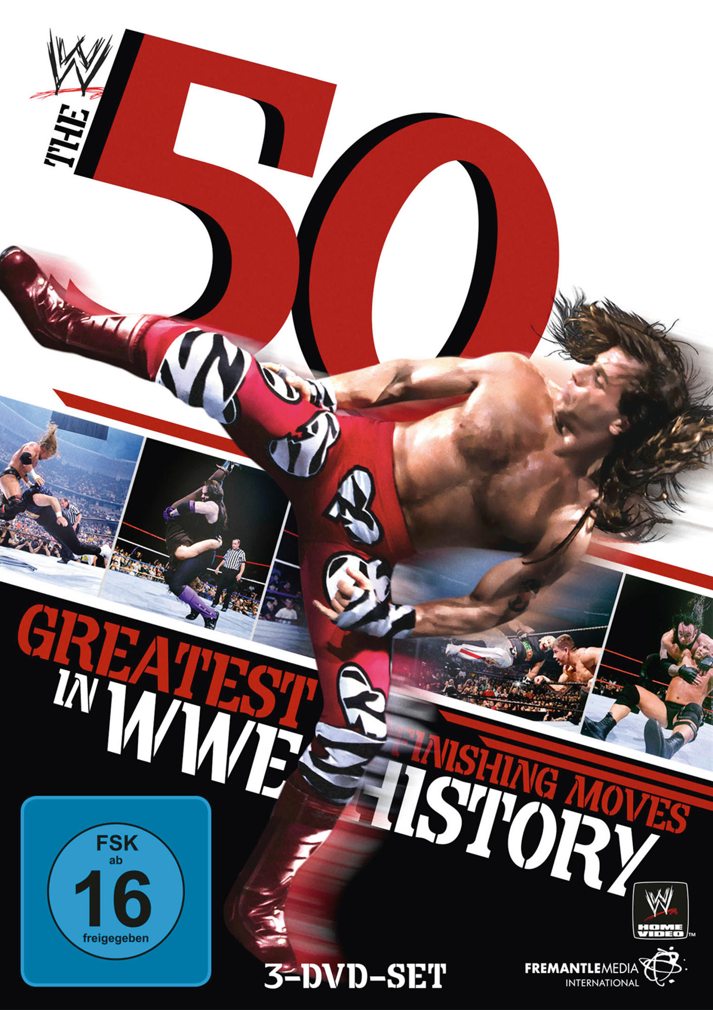 DVD-Cover mit Wrestler im Lufttritt. Rot und Weiß, mit Bildern von Wrestling-Matches.