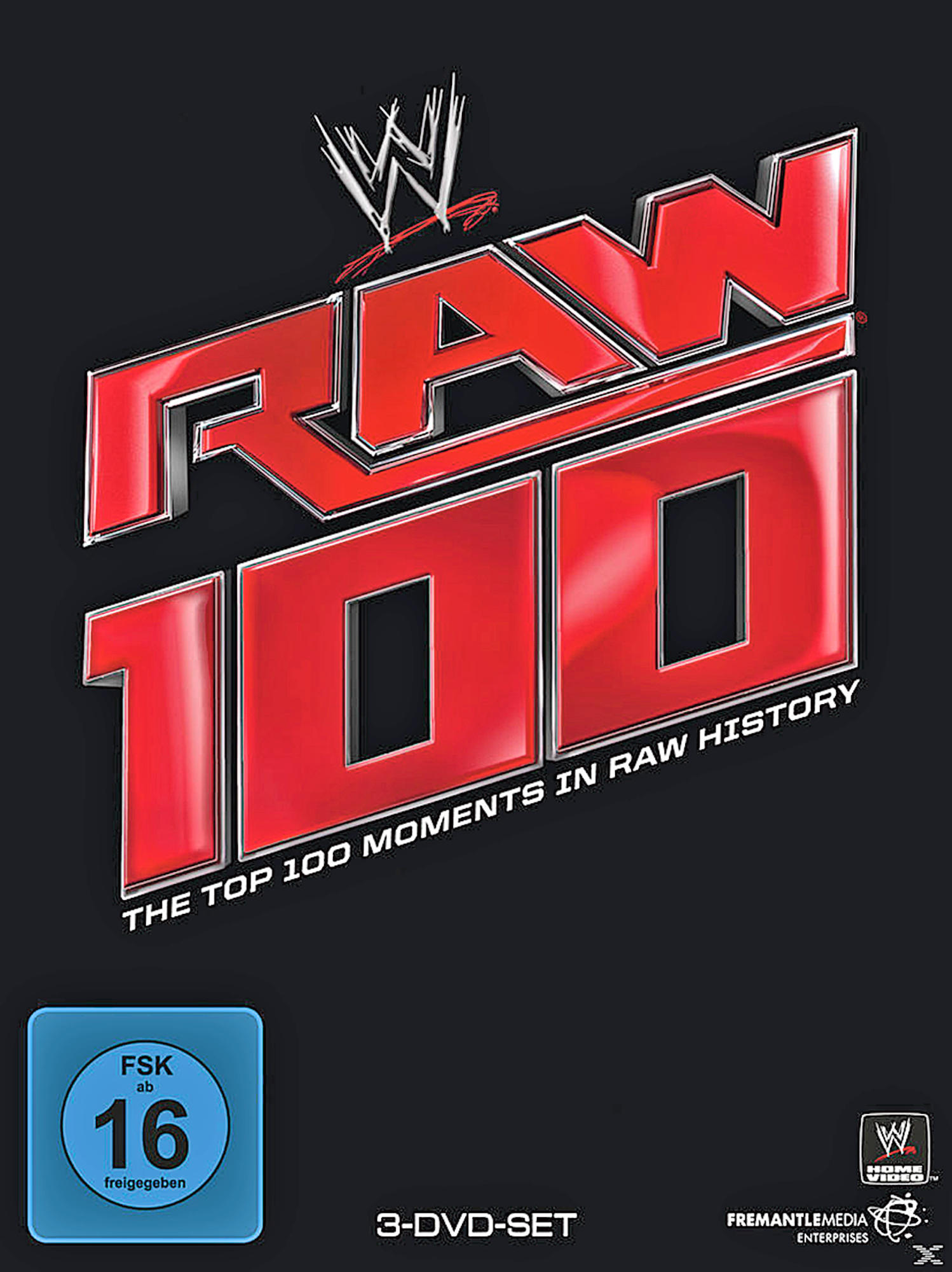 Raw 100 DVD-Cover mit dem Raw-Logo, rotem Hintergrund und Wrestling-Thema.
