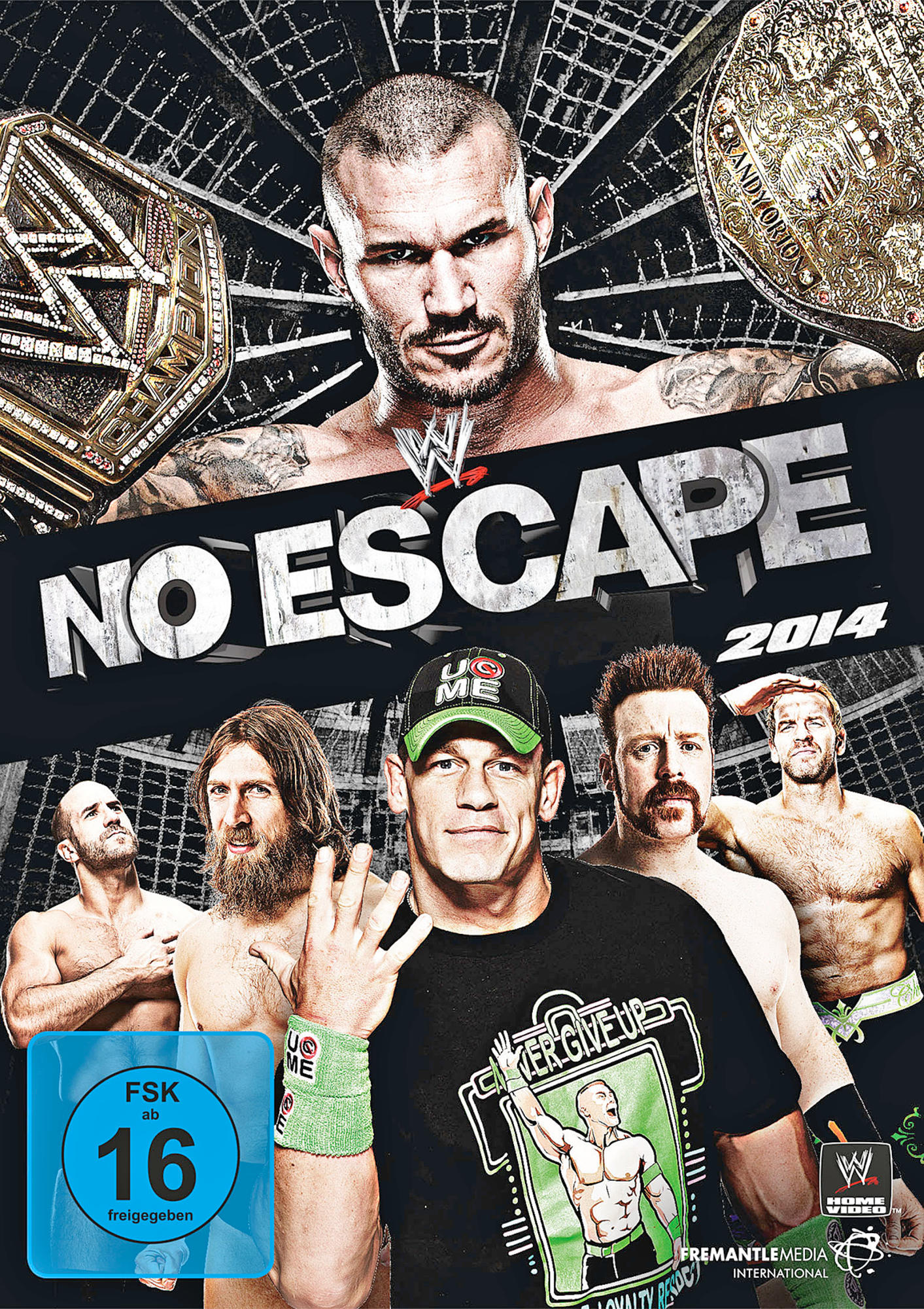 DVD-Cover für WWE No Escape 2014. Gesichter von Wrestlern oben, Logo und Bewertung unten.
