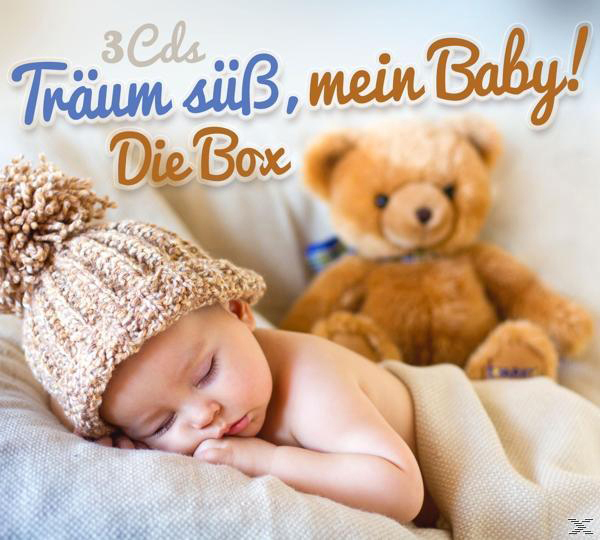 Baby schläft mit Teddybär, Text 'Träum süß, mein Baby! Die Box'.