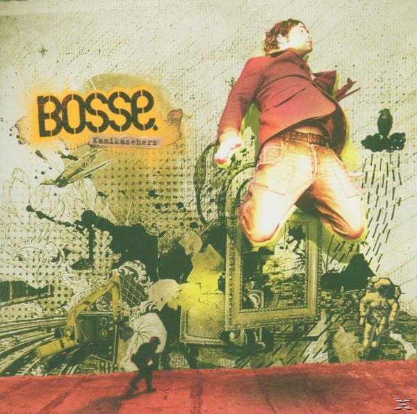 Albumcover: Ein Mann springt vor buntem Hintergrund. Gelber Text: Bosse. Weitere Elemente und Figuren.