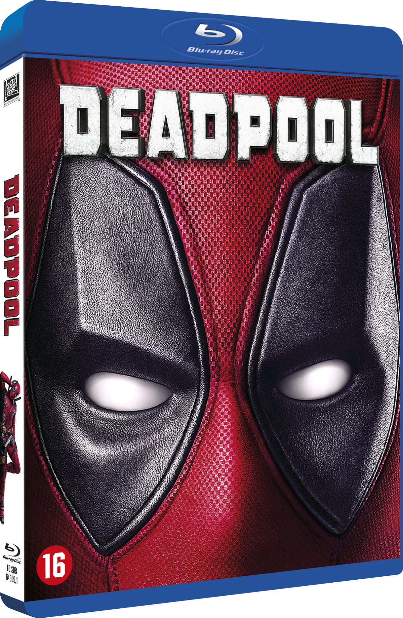 Couverture du disque Blu-ray Deadpool. Gros plan du masque rouge et noir. Un boîtier bleu.