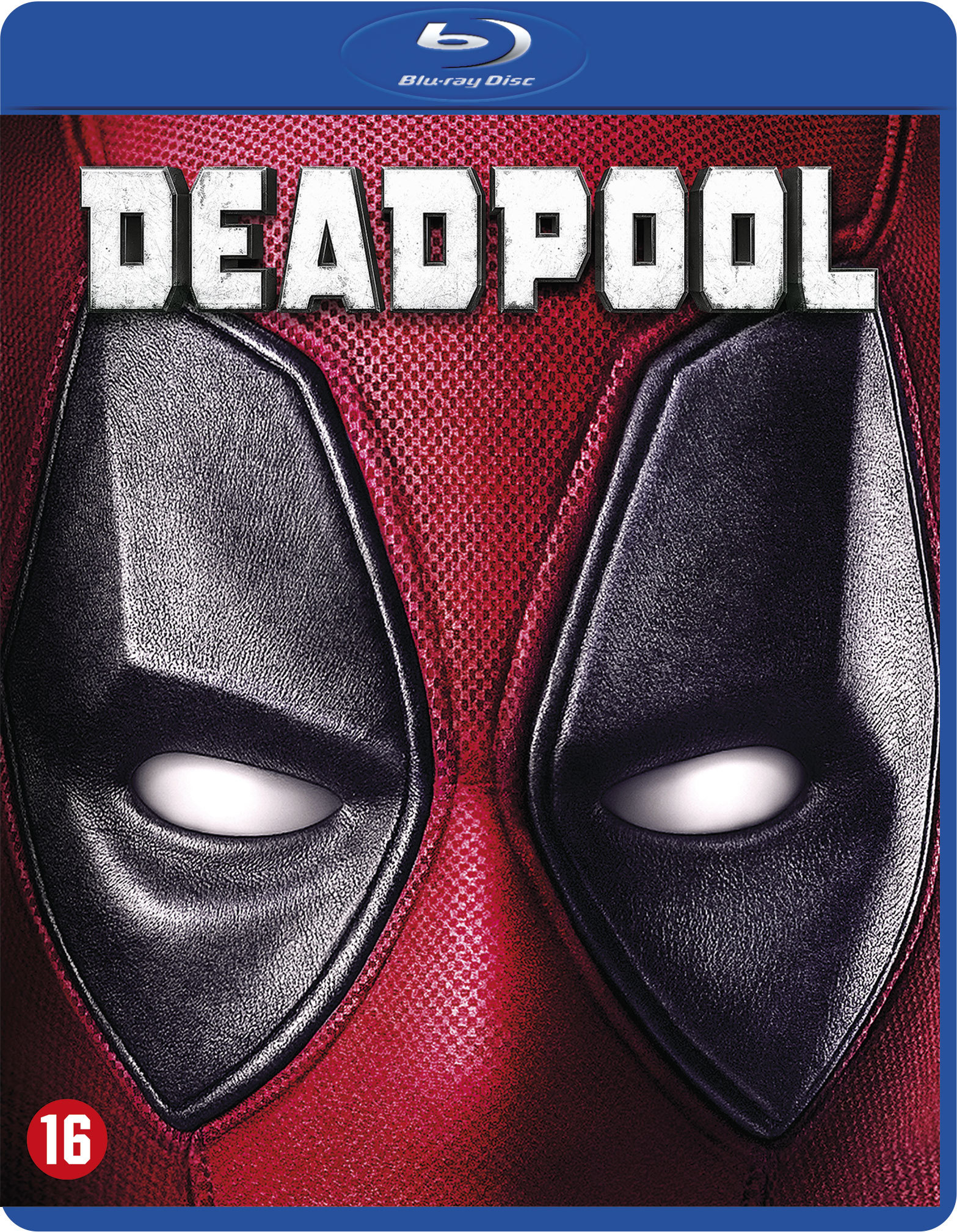 Couverture du disque Blu-ray Deadpool. Gros plan du masque de Deadpool. Rouge avec des accents noirs, boîtier bleu.
