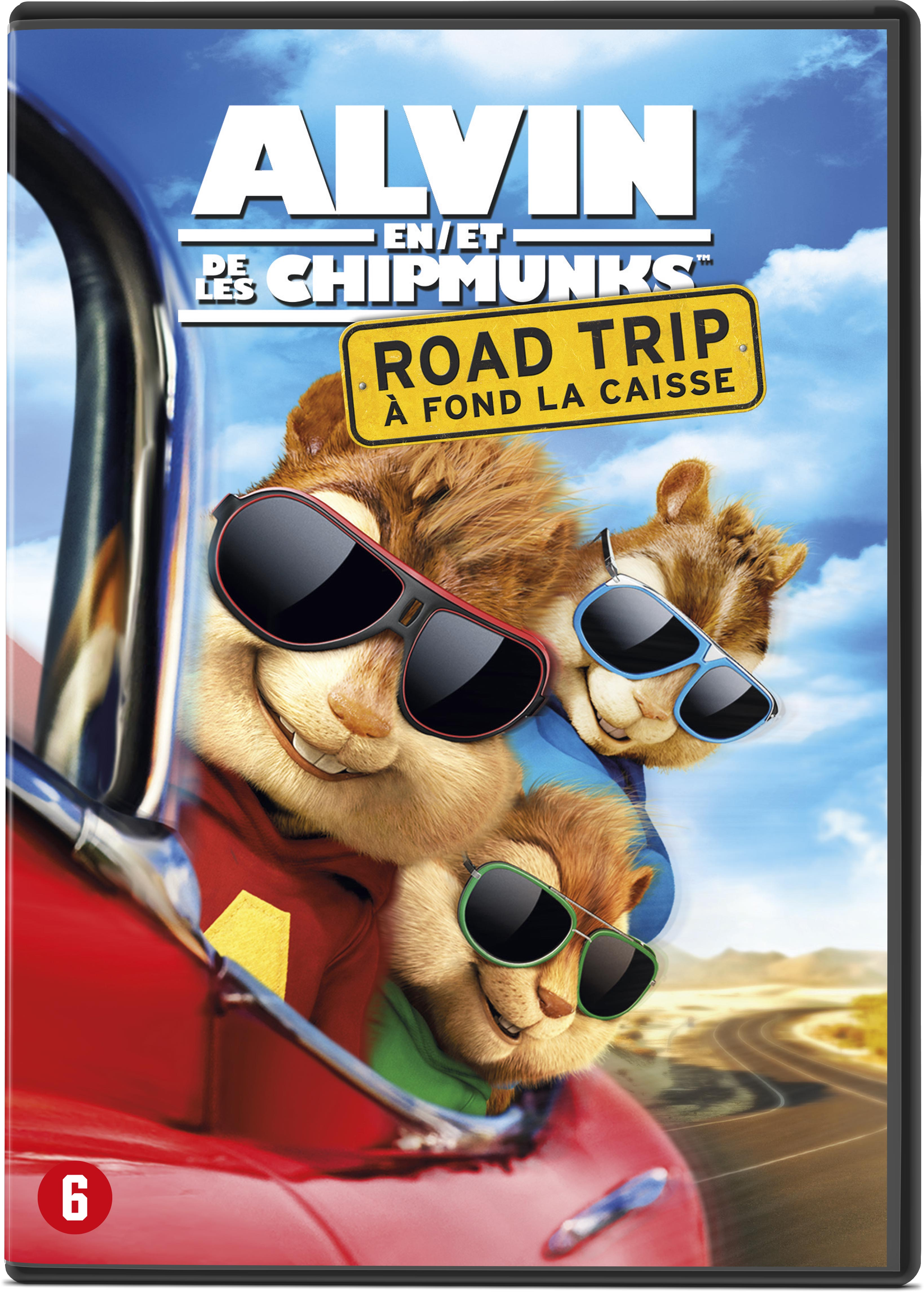 Pochette DVD du film 'Alvin et les Chipmunks', avec les Chipmunks dans une voiture rouge.