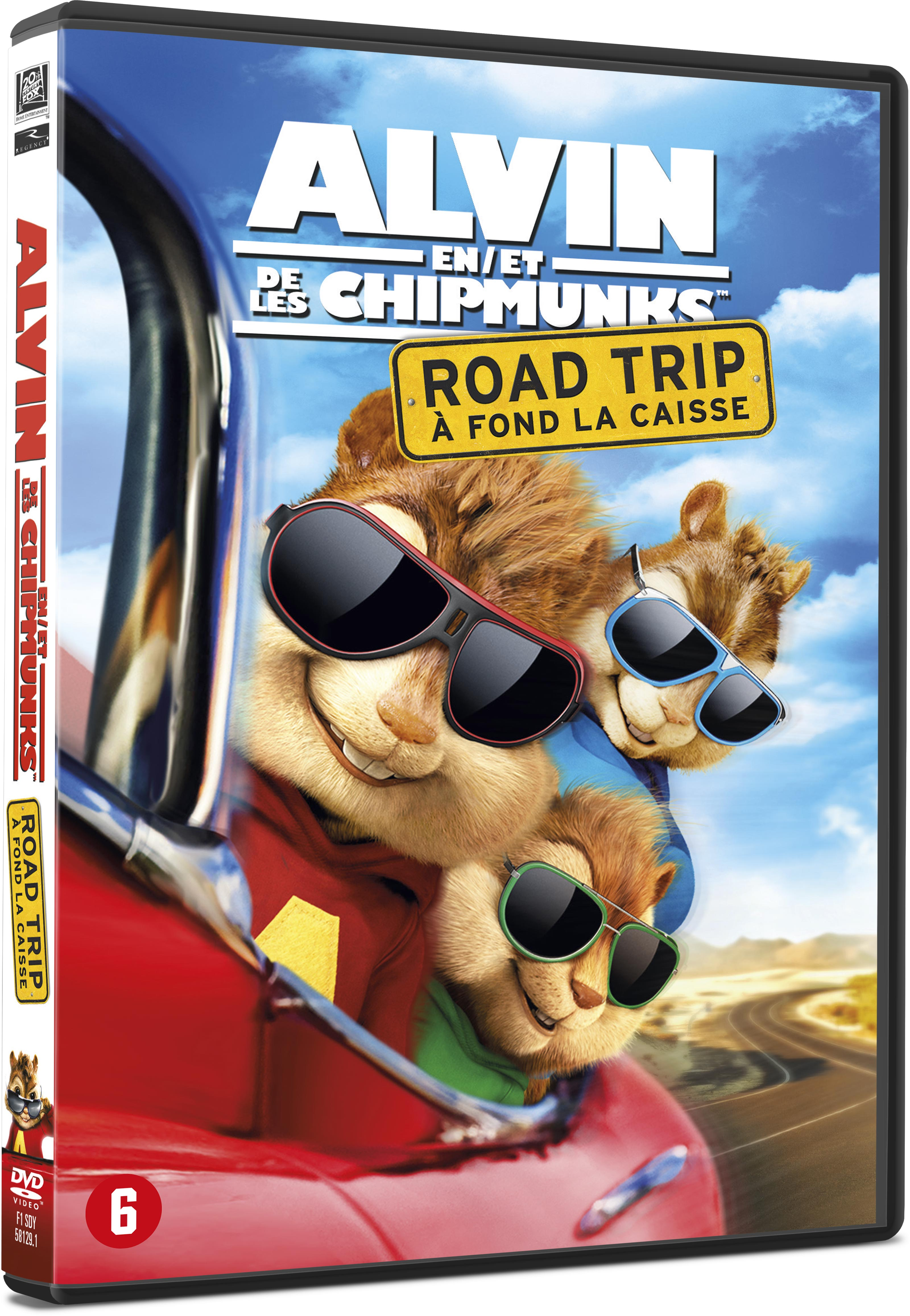 Jaquette DVD d'Alvin et les Chipmunks, dans une voiture, avec des lunettes de soleil et du texte.