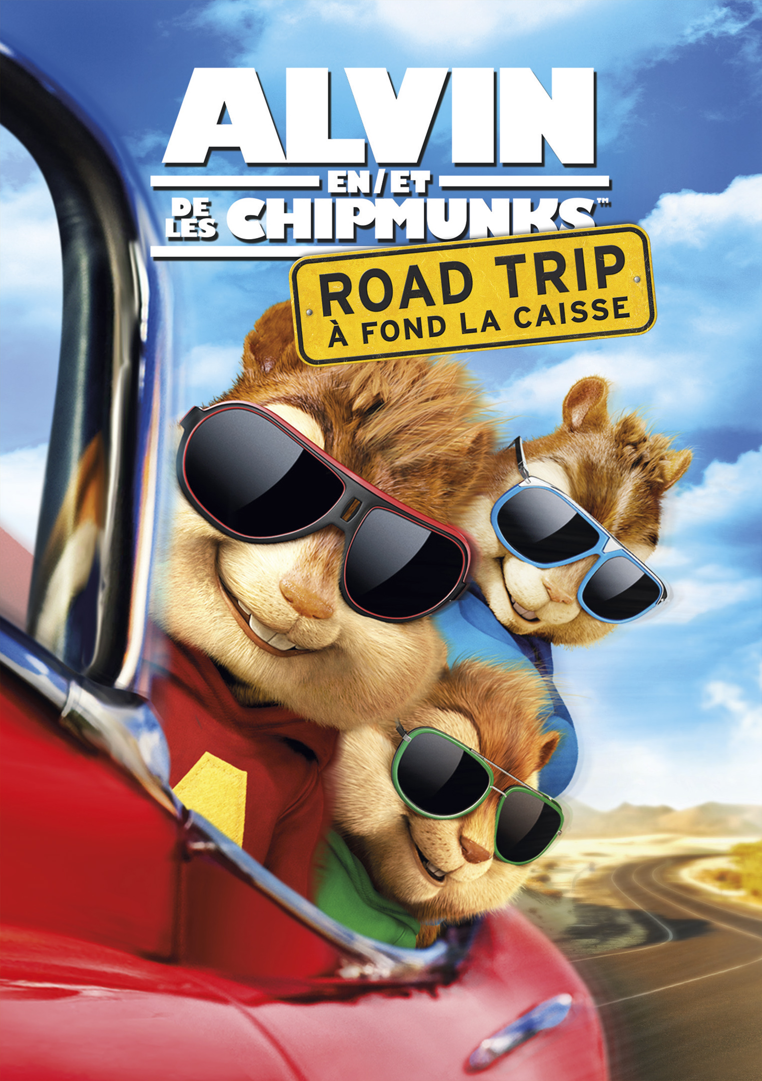 Affiche du film Alvin et les Chipmunks, trois écureuils dans une voiture rouge.