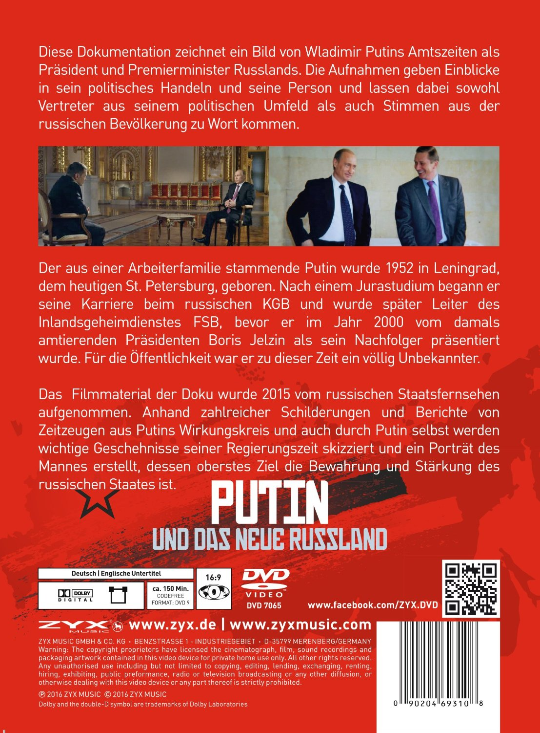 Die Rückseite einer DVD-Hülle mit Text auf Deutsch. Enthält Text über Putin.