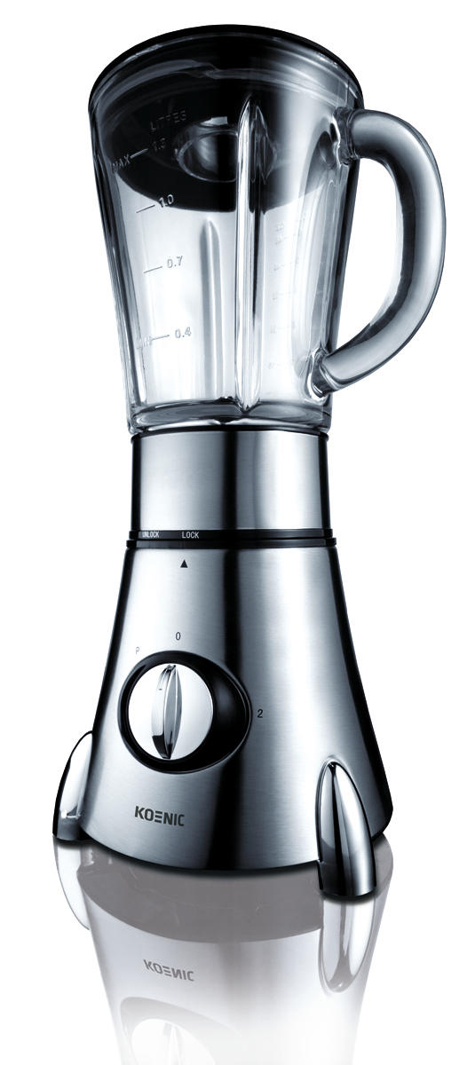 Silberner Mixer mit Glaskrug, schwarzem Deckel und silbernem Sockel mit Drehregler.