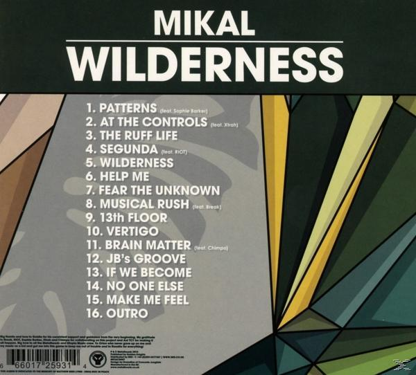 Albumcover: schwarzer Hintergrund, Text 'MIKAL WILDERNESS', Trackliste und farbenfrohe geometrische Formen.