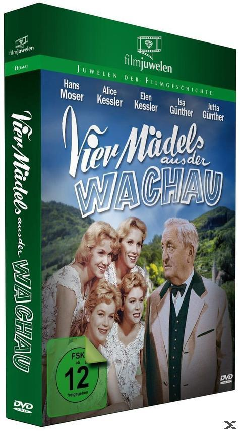 DVD-Box-Art für "Vier Mädel's aus der Wachau". Das Cover zeigt eine Gruppe von vier Frauen und einen älteren Mann.