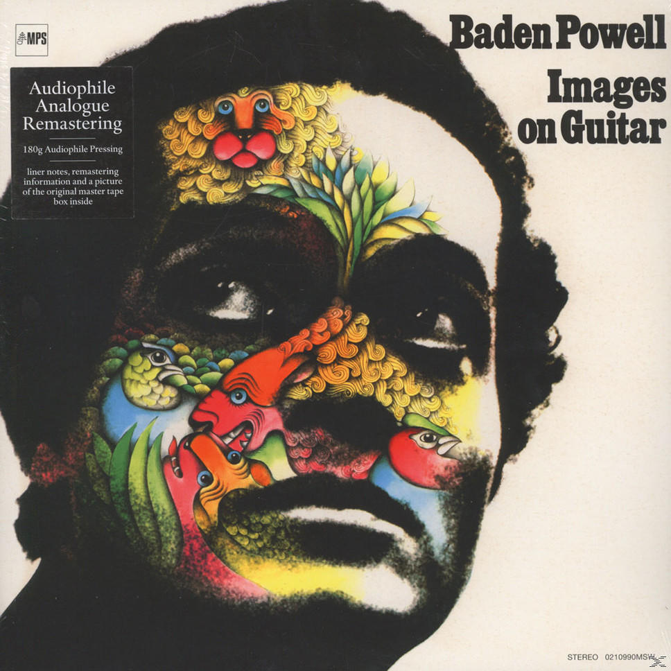 Albumcover: Baden Powell, Images on Guitar. Gesicht mit farbenfrohem Design.