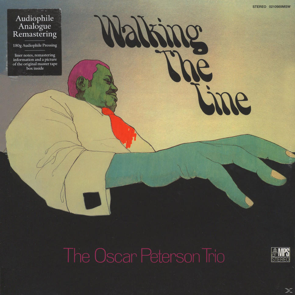 Albumcover, 'Walking The Line' von The Oscar Peterson Trio. Zeigt einen grün gehäuteten Mann, rote Krawatte.