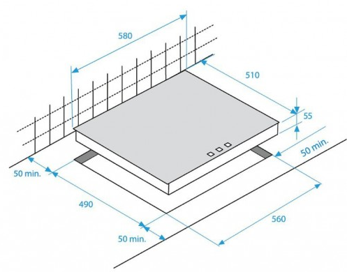 Főzőlap diagramja méretekkel. Téglalap alakú vonalak és számok.