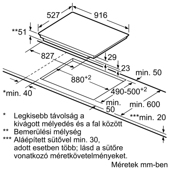 Főzőlap méreteit ábrázoló diagram, mm-ben megadott méretekkel és magyar szöveggel.