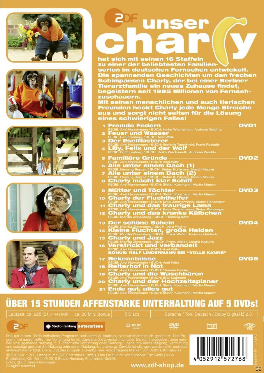 DVD-Cover mit Affe in orangefarbenem Hemd. Text enthält "Unser Charly" und DVD-Details.