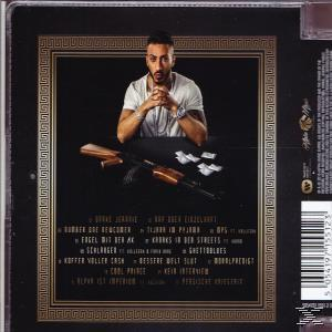 Albumcover mit Mann, Pistole und Geld. Enthält Songtitel und den Namen des Künstlers in Gold.