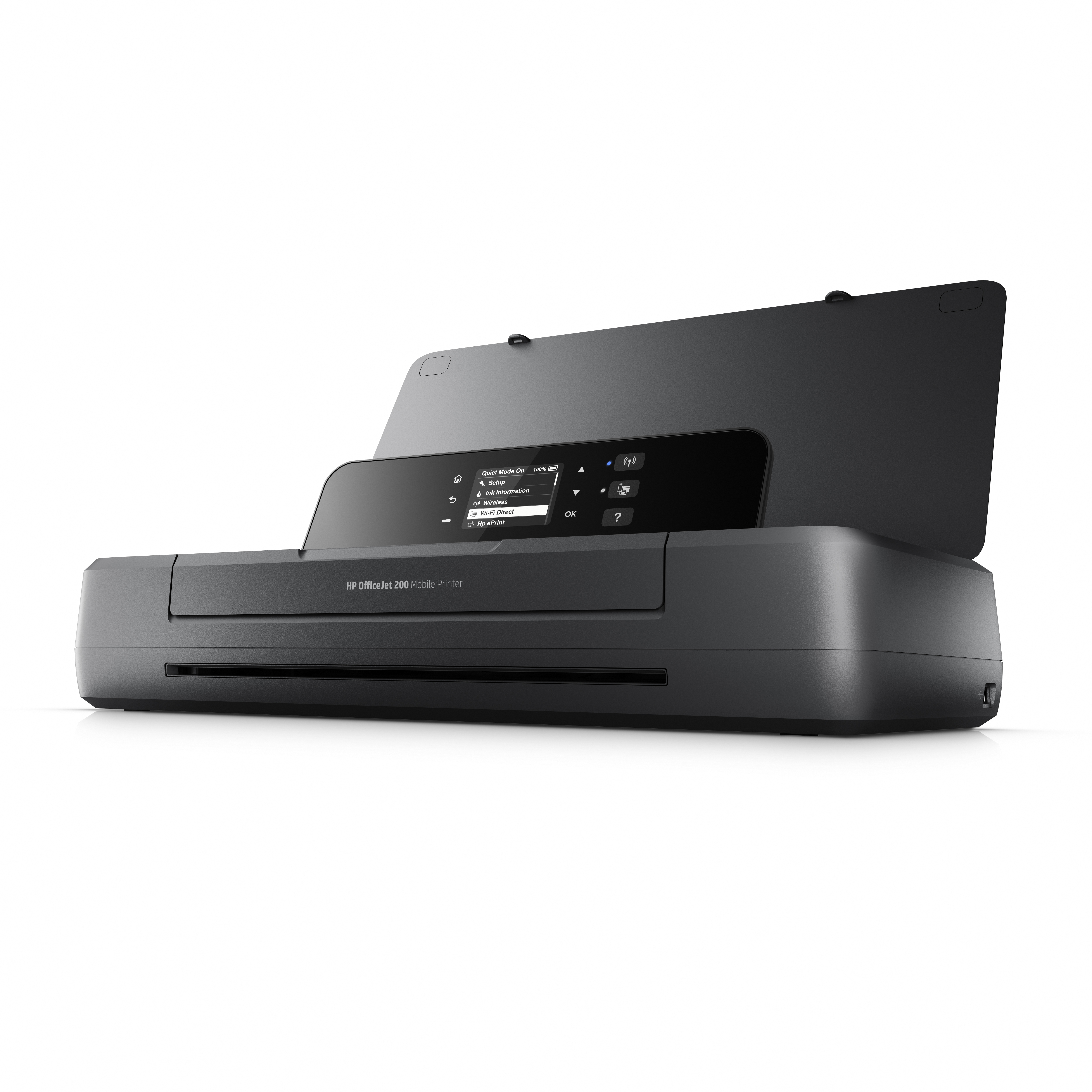 Ein schwarzer HP OfficeJet 200 Mobil Drucker mit geöffnetem Deckel und Display.