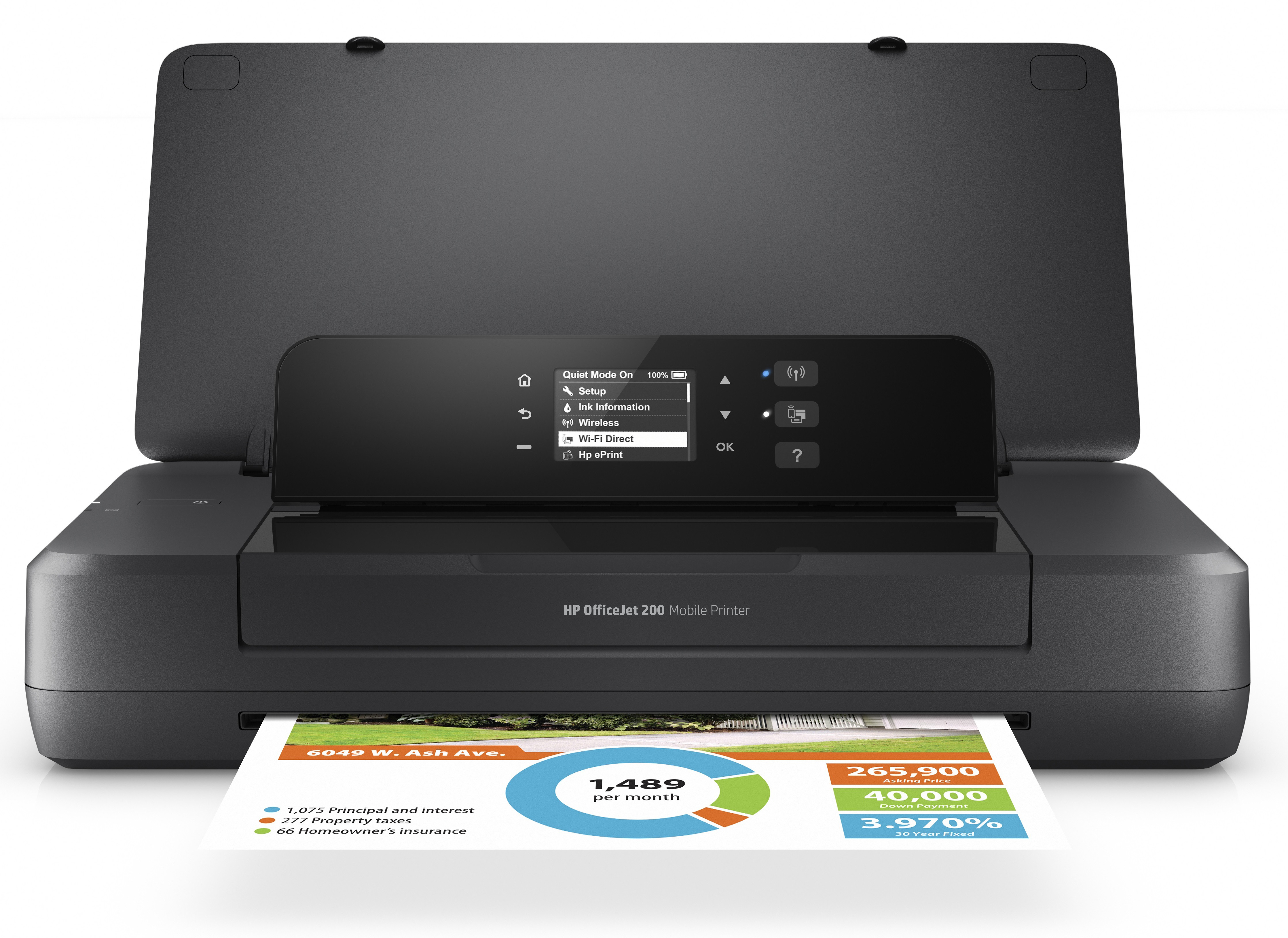 Ein schwarzer HP OfficeJet 200 Drucker druckt ein Dokument mit Immobilieninformationen.