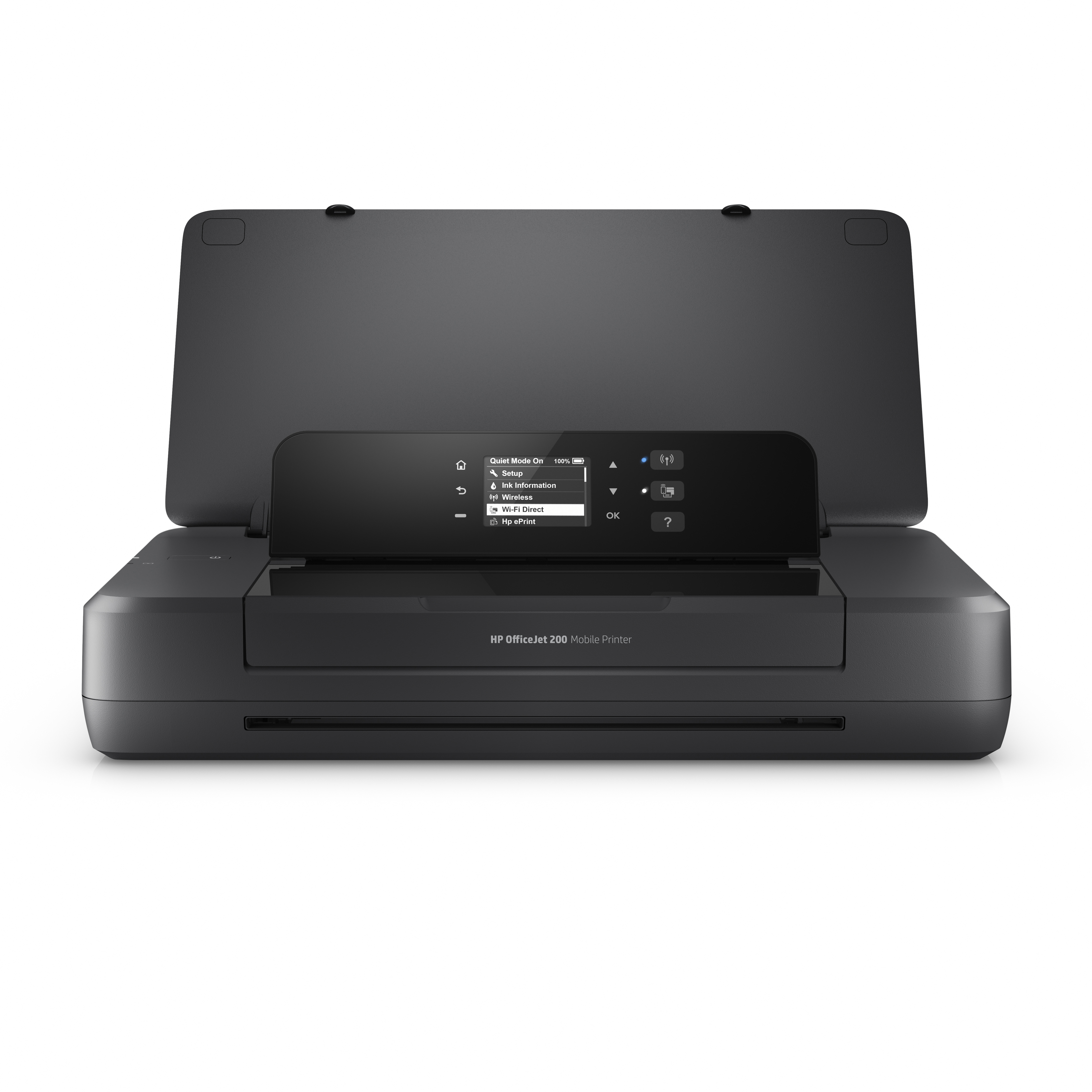 Ein schwarzer HP OfficeJet 200 Mobil-Drucker mit geöffnetem Deckel und Bildschirm.